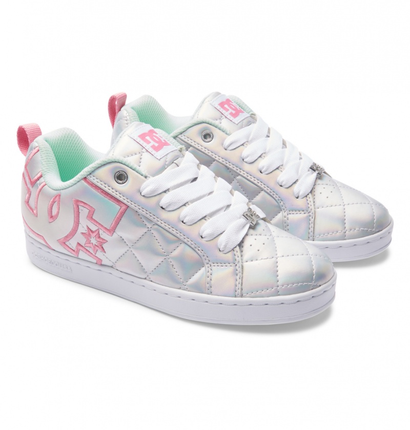 White / Metallic Silver / Pink DC Shoes Court Graffik SE - Leather Shoes | 145RKPHMS