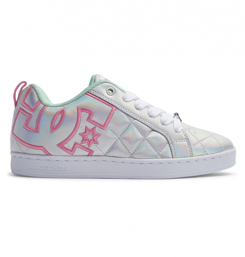 White / Metallic Silver / Pink DC Shoes Court Graffik SE - Leather Shoes | 145RKPHMS